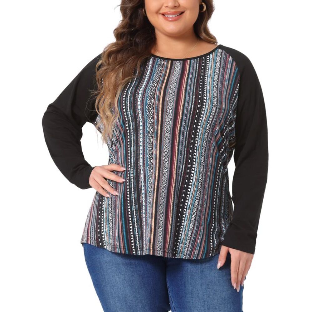 Plus Size Raglan Tee Print Long Sleeve Tunic T-Shirt Loose Blouses Blue